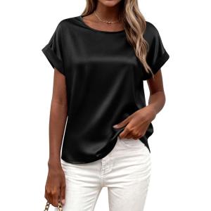 imageBTFBM Womens Summer Tops 2026 Satin Silk Crewneck Short Sleeve Shirts Work Business Outfits Spring Blouses Dressy CasualBlack