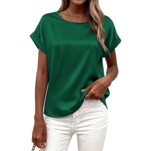 imageBTFBM Womens Summer Tops 2026 Satin Silk Crewneck Short Sleeve Shirts Work Business Outfits Spring Blouses Dressy CasualGreen