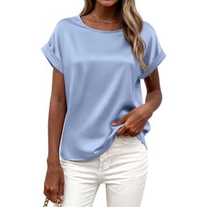 imageBTFBM Womens Summer Tops 2026 Satin Silk Crewneck Short Sleeve Shirts Work Business Outfits Spring Blouses Dressy CasualLight Blue