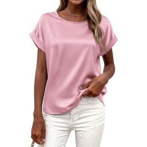 imageBTFBM Womens Summer Tops 2026 Satin Silk Crewneck Short Sleeve Shirts Work Business Outfits Spring Blouses Dressy CasualPink