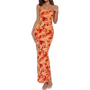imageBTFBM Womens Maxi Dress 2026 Spring Floral Sexy Spaghetti Straps Sleeveless Bodycon Summer Beach Wedding Guest DressesFloral Yellow Red