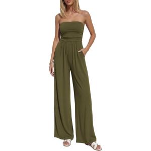 imageBTFBM Jumpsuits For Women Summer 2026 Beach Vacation Strapless Tube Top Jumpsuit Ruched Casual Wide Leg Pant RompersArmy Green
