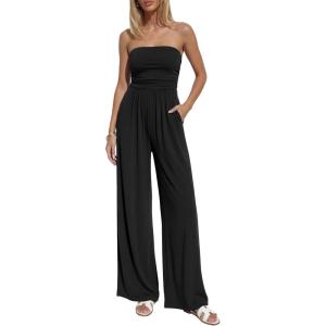 imageBTFBM Jumpsuits For Women Summer 2026 Beach Vacation Strapless Tube Top Jumpsuit Ruched Casual Wide Leg Pant RompersBlack