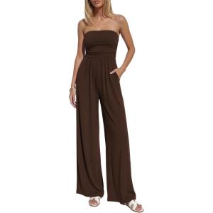 imageBTFBM Jumpsuits For Women Summer 2026 Beach Vacation Strapless Tube Top Jumpsuit Ruched Casual Wide Leg Pant RompersBrown