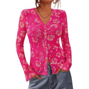 imageBTFBM Button Down Shirts for Women 2026 Spring Boho Tops V Neck Long Sleeve Blouses Ruched Mesh Fitted Fall FashionHot Pink