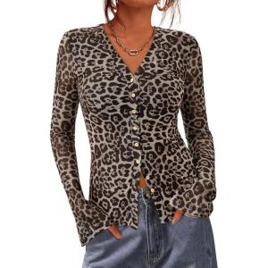 imageBTFBM Button Down Shirts for Women 2026 Spring Boho Tops V Neck Long Sleeve Blouses Ruched Mesh Fitted Fall FashionLeopard