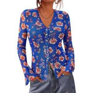 imageBTFBM Button Down Shirts for Women 2026 Spring Boho Tops V Neck Long Sleeve Blouses Ruched Mesh Fitted Fall FashionRoyal Blue