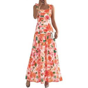 imageBTFBM Dresses for Women Summer 2026 Formal Sleeveless Smocked Floral Long Wedding Guest Dress Party SpringFloral Orange Red