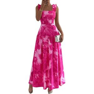 imageBTFBM Dresses for Women Summer 2026 Formal Sleeveless Smocked Floral Long Wedding Guest Dress Party SpringFloral Rose Pink