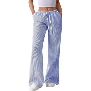 imageBTFBM Striped Wide Leg Pants for Women Spring Summer 2026 Drawstring Lounge PJ Beach Bottoms Casual Trousers PocketsDark Blue