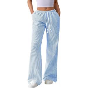imageBTFBM Striped Wide Leg Pants for Women Spring Summer 2026 Drawstring Lounge PJ Beach Bottoms Casual Trousers PocketsLight Blue