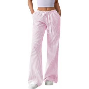 imageBTFBM Striped Wide Leg Pants for Women Spring Summer 2026 Drawstring Lounge PJ Beach Bottoms Casual Trousers PocketsLight Pink