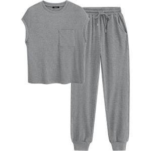 imageBTFBM Womens Two Piece Tracksuit Outfits Summer Short Sleeve Tops Long Pants Jogger Lounge Matching Sets SweatsuitGrey