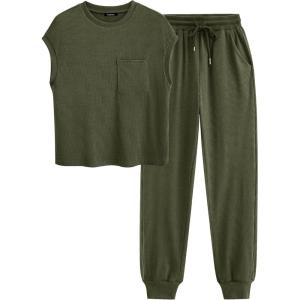 imageBTFBM Womens Two Piece Tracksuit Outfits Summer Short Sleeve Tops Long Pants Jogger Lounge Matching Sets SweatsuitSolid Army Green