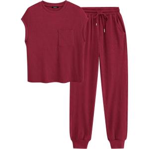 imageBTFBM Womens Two Piece Tracksuit Outfits Summer Short Sleeve Tops Long Pants Jogger Lounge Matching Sets SweatsuitWine Red