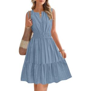 image:imageBTFBM Mini Dresses for Women 2026 Summer Sleeveless V Neck Elastic Waist Beach Vacation Sundress Boho Casual Dress PocketsGrey Blue