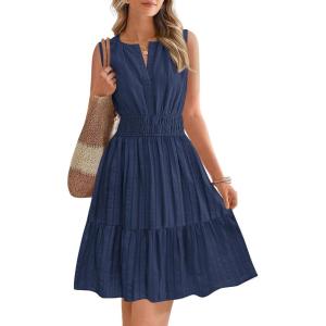 image:imageBTFBM Mini Dresses for Women 2026 Summer Sleeveless V Neck Elastic Waist Beach Vacation Sundress Boho Casual Dress PocketsNavy Blue