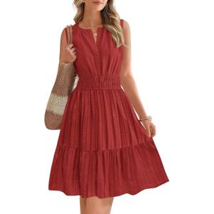 image:imageBTFBM Mini Dresses for Women 2026 Summer Sleeveless V Neck Elastic Waist Beach Vacation Sundress Boho Casual Dress PocketsRed