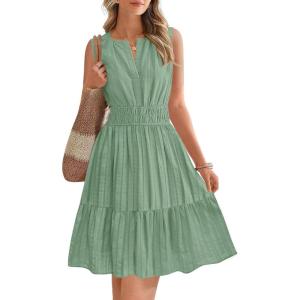 image:imageBTFBM Mini Dresses for Women 2026 Summer Sleeveless V Neck Elastic Waist Beach Vacation Sundress Boho Casual Dress PocketsSage Green