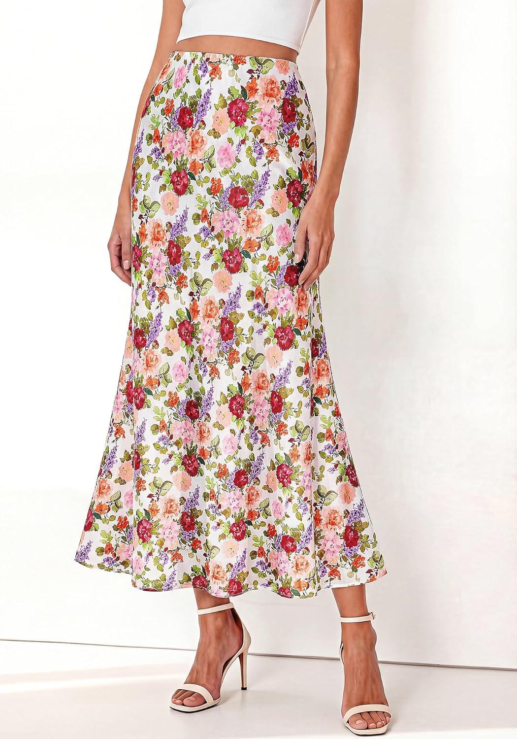 image:imageBTFBM Maxi Skirts for Women 2026 Summer Spring Lightweight A Line High Waisted Wedding Guest Party Silk Long Midi SkirtFloral White Multicolored