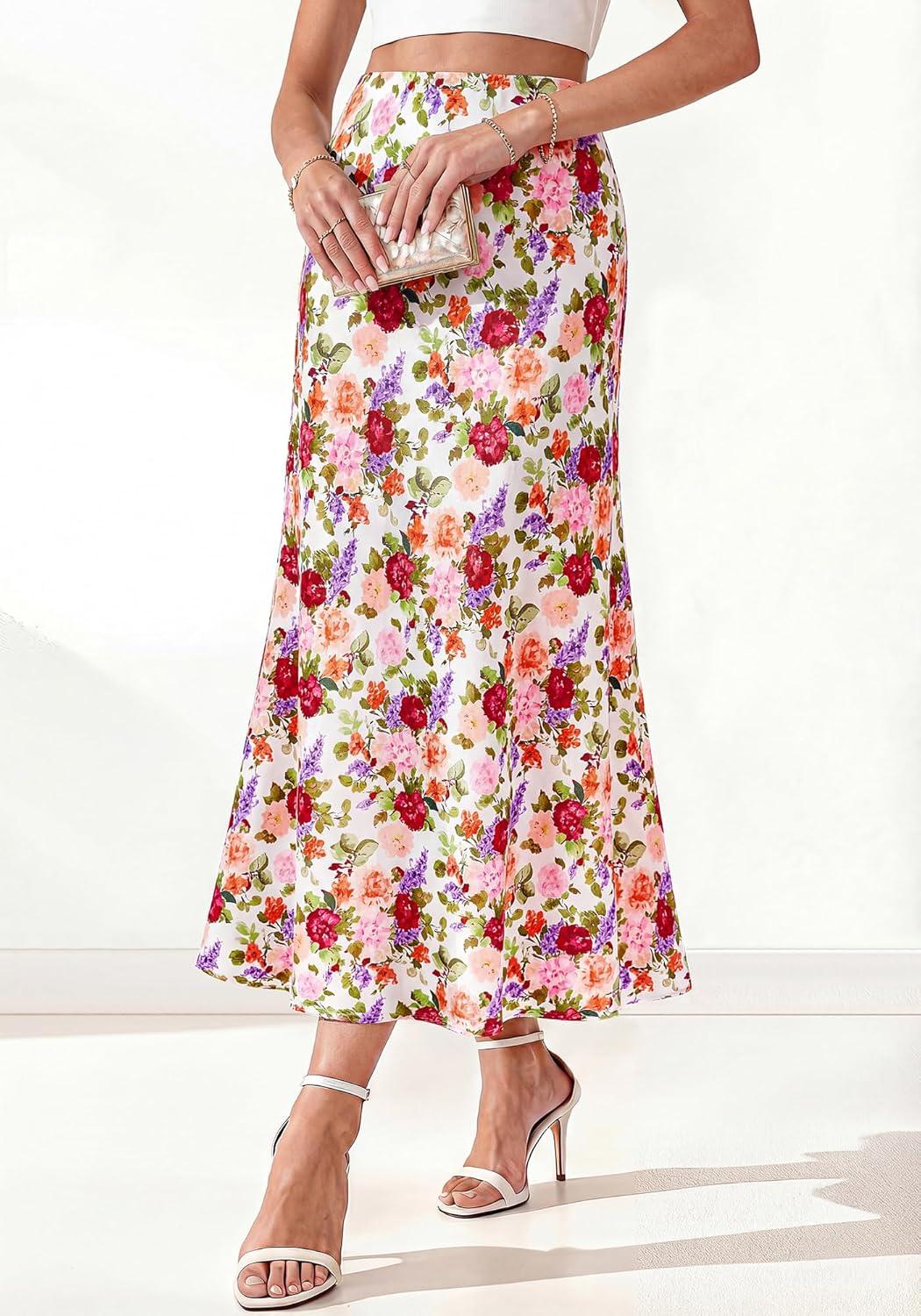 image:imageBTFBM Maxi Skirts for Women 2026 Summer Spring Lightweight A Line High Waisted Wedding Guest Party Silk Long Midi SkirtFloral White Multicolored