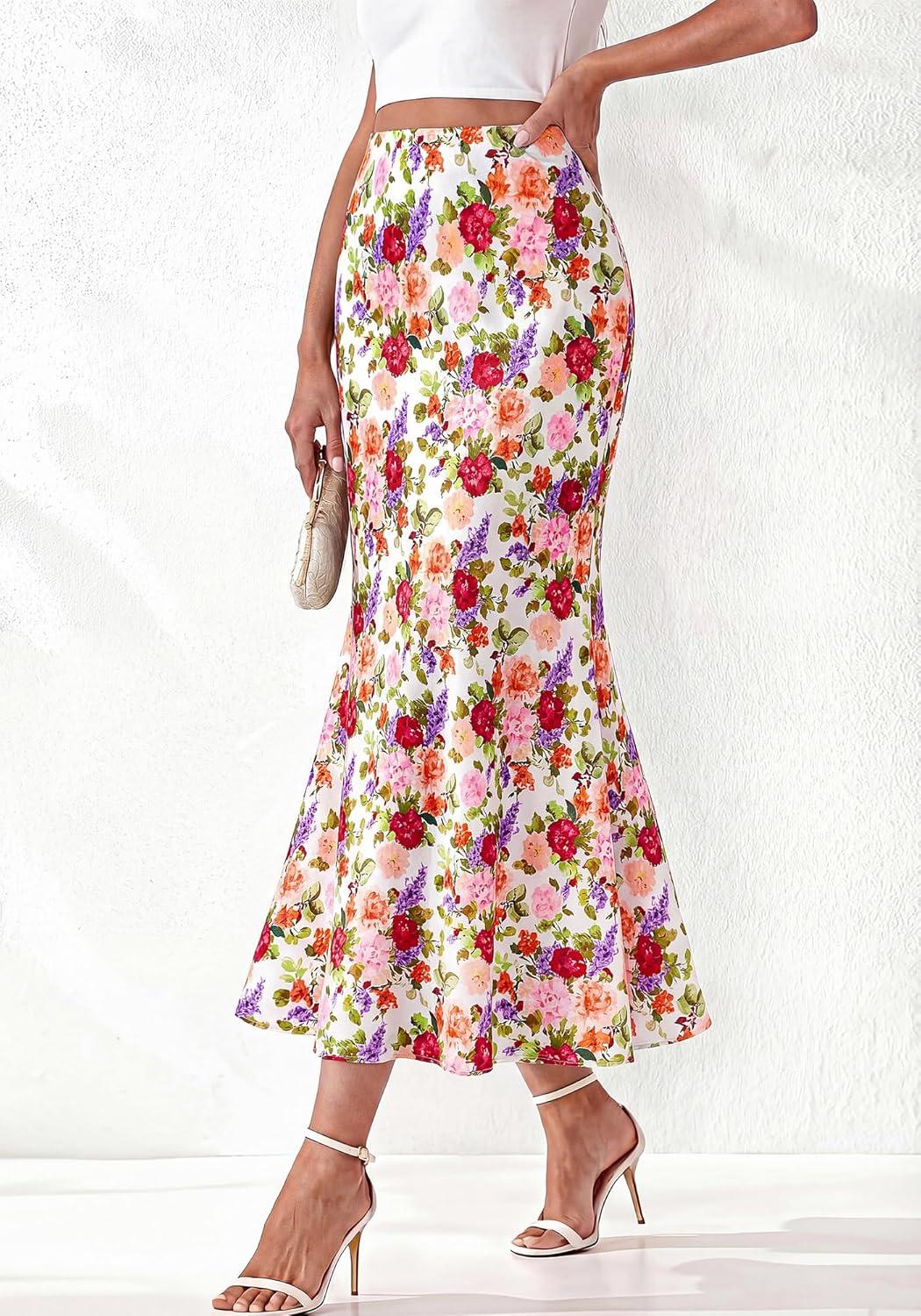 image:imageBTFBM Maxi Skirts for Women 2026 Summer Spring Lightweight A Line High Waisted Wedding Guest Party Silk Long Midi SkirtFloral White Multicolored
