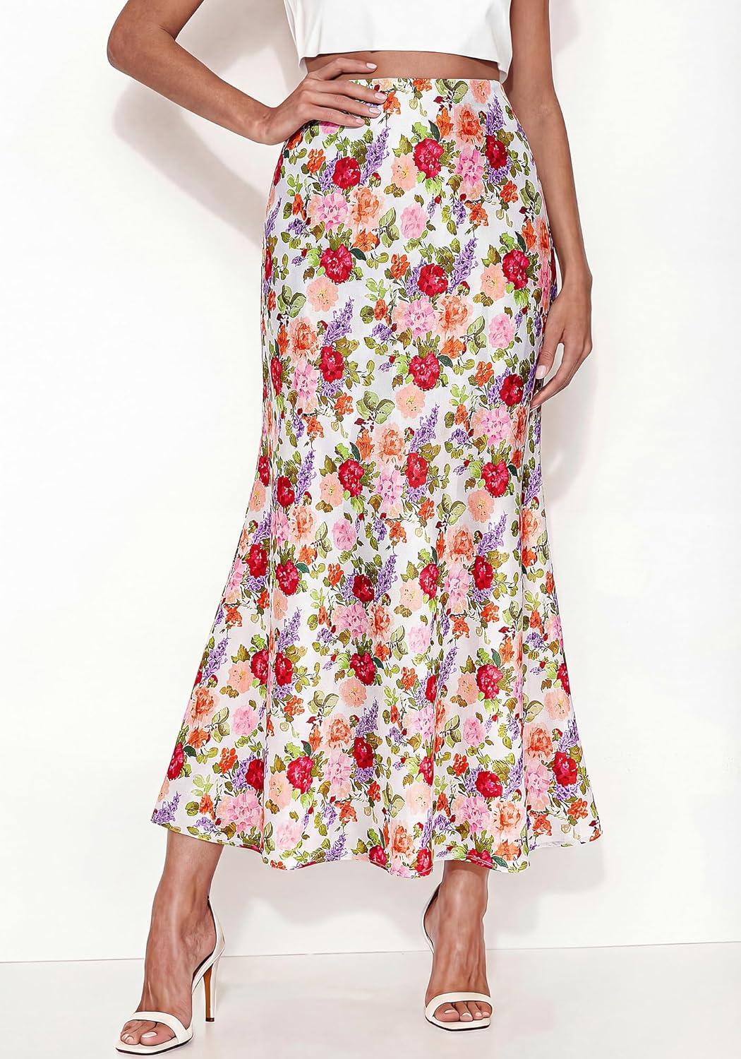 image:imageBTFBM Maxi Skirts for Women 2026 Summer Spring Lightweight A Line High Waisted Wedding Guest Party Silk Long Midi SkirtFloral White Multicolored