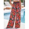 image:imageBTFBM Floral Wide Leg Pants Woman Spring Summer 2026 Smocked Elastic Waist Long Pant Resort Wear Beach Vacation OutfitsNavy Blue