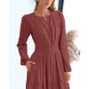 image:imageBTFBM Spring Dresses for Women 2026 Casual Long Sleeve V Neck Elastic Waist Lightweight Maxi Wedding Guest Dress PocketsBrown Red