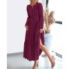 image:imageBTFBM Spring Dresses for Women 2026 Casual Long Sleeve V Neck Elastic Waist Lightweight Maxi Wedding Guest Dress PocketsBurgundy