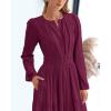 image:imageBTFBM Spring Dresses for Women 2026 Casual Long Sleeve V Neck Elastic Waist Lightweight Maxi Wedding Guest Dress PocketsBurgundy