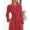 image:imageBTFBM Spring Dresses for Women 2026 Casual Long Sleeve V Neck Elastic Waist Lightweight Maxi Wedding Guest Dress PocketsRed