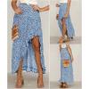 image:imageBTFBM Women 2026 Spring Summer Long Skirts Dress Boho Floral Elastic Waist Split Ruffle High Low Beach Maxi Skirt ClothesBlue