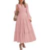 image:imageBTFBM Spring Dresses for Women 2026 Casual Long Sleeve V Neck Elastic Waist Lightweight Maxi Wedding Guest Dress PocketsPink
