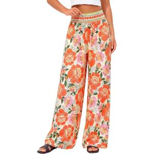 image:imageBTFBM Floral Wide Leg Pants Woman Spring Summer 2026 Smocked Elastic Waist Long Pant Resort Wear Beach Vacation OutfitsBeige