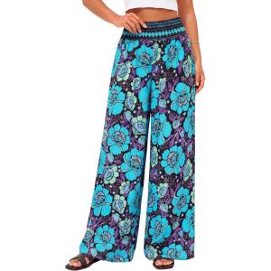image:imageBTFBM Floral Wide Leg Pants Woman Spring Summer 2026 Smocked Elastic Waist Long Pant Resort Wear Beach Vacation OutfitsBlack