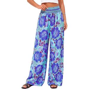 image:imageBTFBM Floral Wide Leg Pants Woman Spring Summer 2026 Smocked Elastic Waist Long Pant Resort Wear Beach Vacation OutfitsBlue