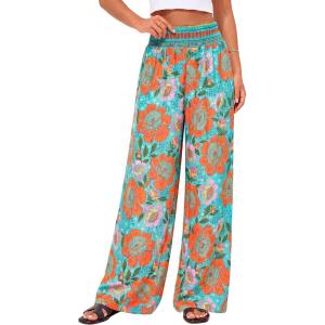 image:imageBTFBM Floral Wide Leg Pants Woman Spring Summer 2026 Smocked Elastic Waist Long Pant Resort Wear Beach Vacation OutfitsGreen