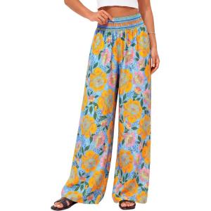 image:imageBTFBM Floral Wide Leg Pants Woman Spring Summer 2026 Smocked Elastic Waist Long Pant Resort Wear Beach Vacation OutfitsLight Blue