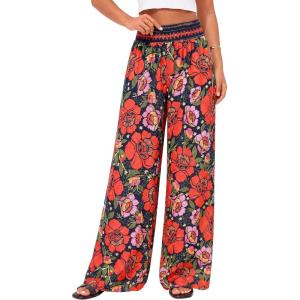 image:imageBTFBM Floral Wide Leg Pants Woman Spring Summer 2026 Smocked Elastic Waist Long Pant Resort Wear Beach Vacation OutfitsNavy Blue