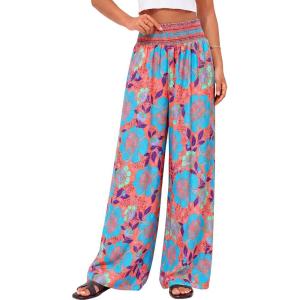 image:imageBTFBM Floral Wide Leg Pants Woman Spring Summer 2026 Smocked Elastic Waist Long Pant Resort Wear Beach Vacation OutfitsOrange