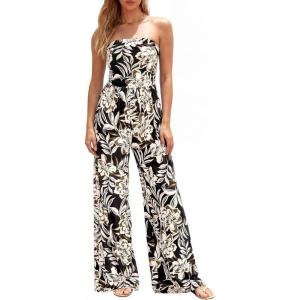 image:imageBTFBM Jumpsuits For Women Casual 2026 Floral Strapless Jumpsuit Wide Leg Rompers Beach Vacation Clothes Summer OutfitsFloral Black Beige
