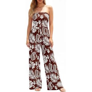 image:imageBTFBM Jumpsuits For Women Casual 2026 Floral Strapless Jumpsuit Wide Leg Rompers Beach Vacation Clothes Summer OutfitsFloral Brown White