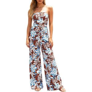 image:imageBTFBM Jumpsuits For Women Casual 2026 Floral Strapless Jumpsuit Wide Leg Rompers Beach Vacation Clothes Summer OutfitsFloral Brown White Blue