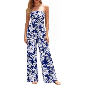image:imageBTFBM Jumpsuits For Women Casual 2026 Floral Strapless Jumpsuit Wide Leg Rompers Beach Vacation Clothes Summer OutfitsFloral Dark Blue White