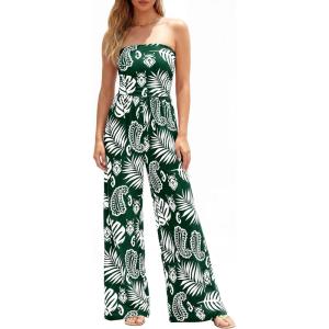 image:imageBTFBM Jumpsuits For Women Casual 2026 Floral Strapless Jumpsuit Wide Leg Rompers Beach Vacation Clothes Summer OutfitsFloral Dark Green White