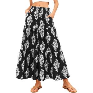 image:imageBTFBM Long Skirts for Women Summer 2026 Elastic High Waist Flowy A Line Casual Boho Tiered Floral Maxi Skirt PocketsBlack White Flower