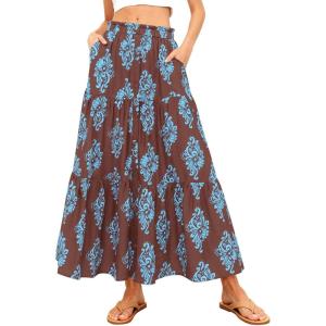 image:imageBTFBM Long Skirts for Women Summer 2026 Elastic High Waist Flowy A Line Casual Boho Tiered Floral Maxi Skirt PocketsBrown Light Blue Flower