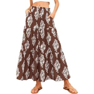 image:imageBTFBM Long Skirts for Women Summer 2026 Elastic High Waist Flowy A Line Casual Boho Tiered Floral Maxi Skirt PocketsBrown White Flower