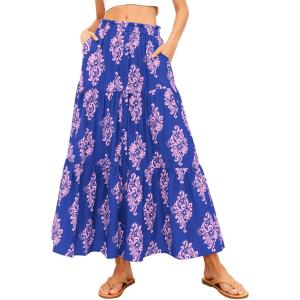image:imageBTFBM Long Skirts for Women Summer 2026 Elastic High Waist Flowy A Line Casual Boho Tiered Floral Maxi Skirt PocketsDark Blue Pink Flower